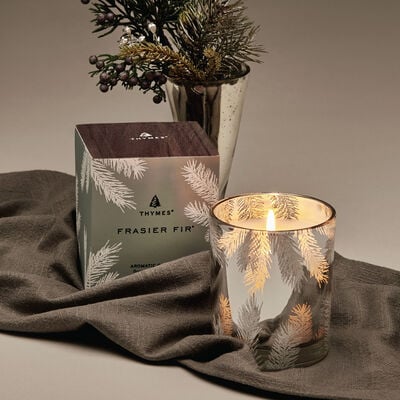 Thymes Frasier Fir Statement Poured Candle Lit On Display